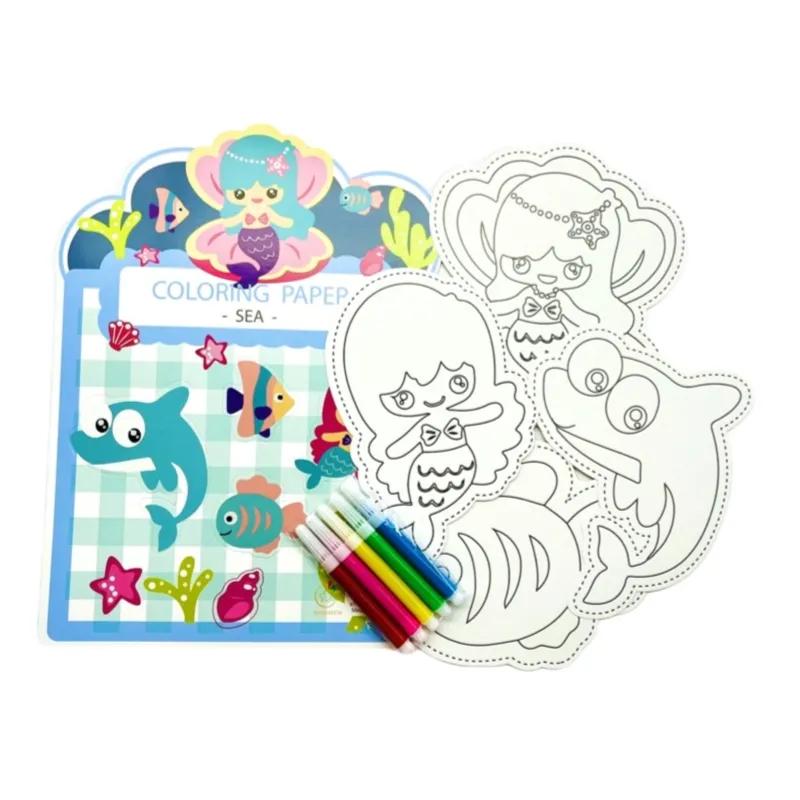 Marine Life Coloring Set 4 Pieces Ready To Coloring Paper Plate And 4 Pieces Water Color - 10794