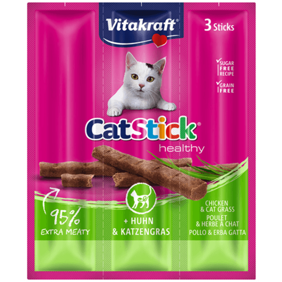 Vitakraft Cat Stick Treats With Chicken & Cat Grass 18G