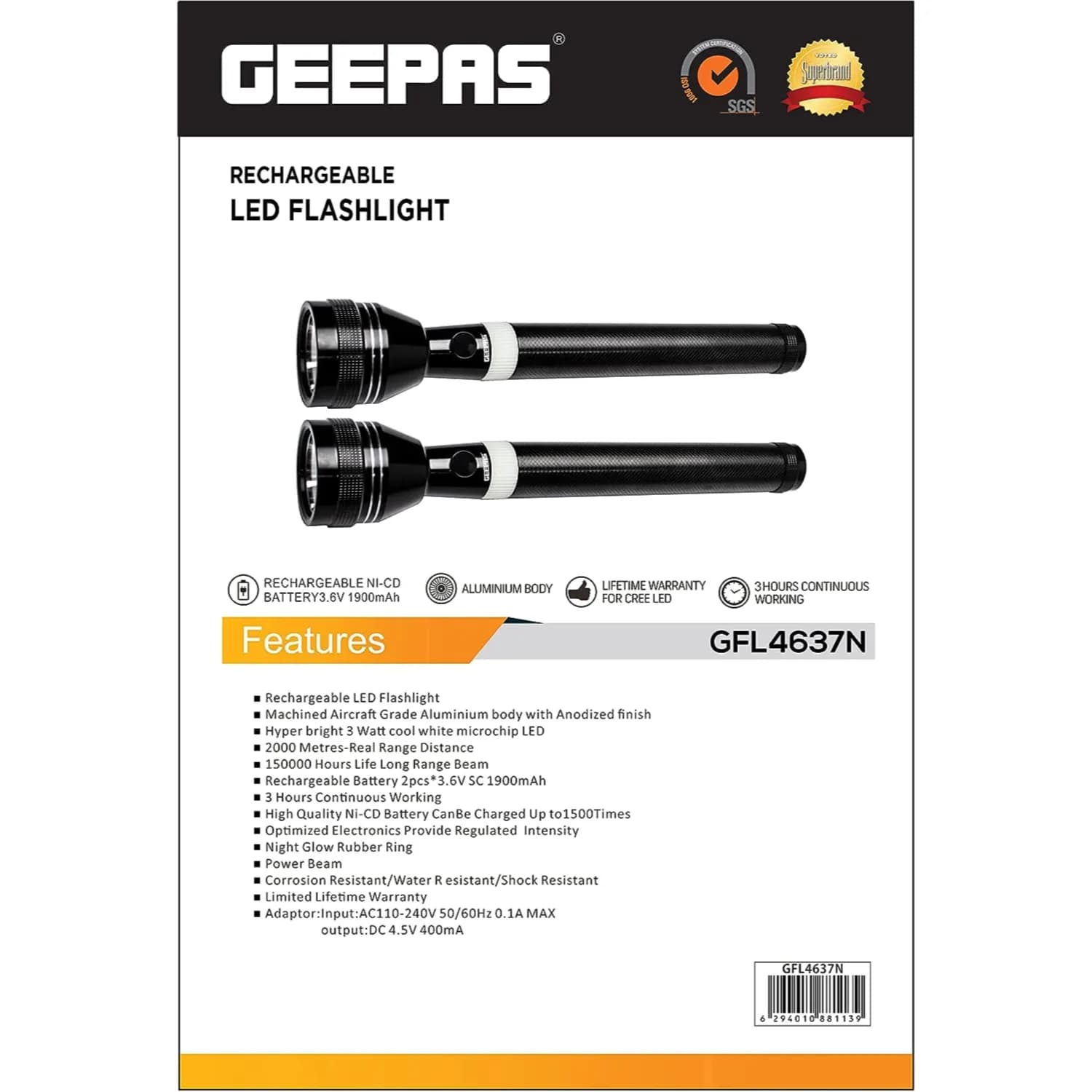 Geepas Rechargeable Led Flashlight GFL4637N