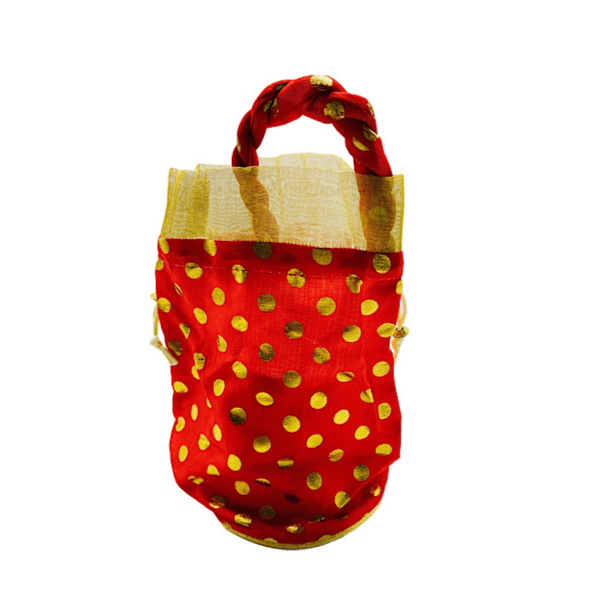 Garango Round Base Fabric Bag , Size 19cm, Red Colour With Golden Dots - 10562