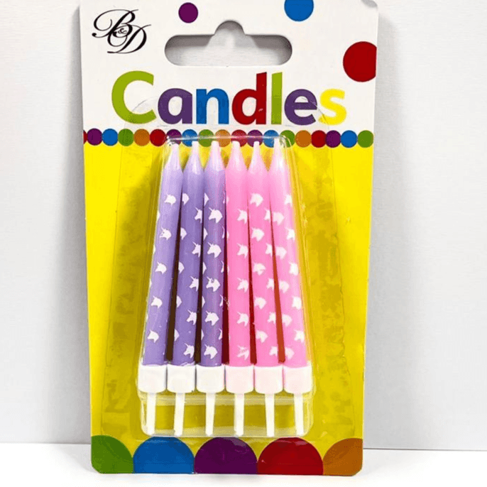 Purple And Pink Candle With Unicorn Design