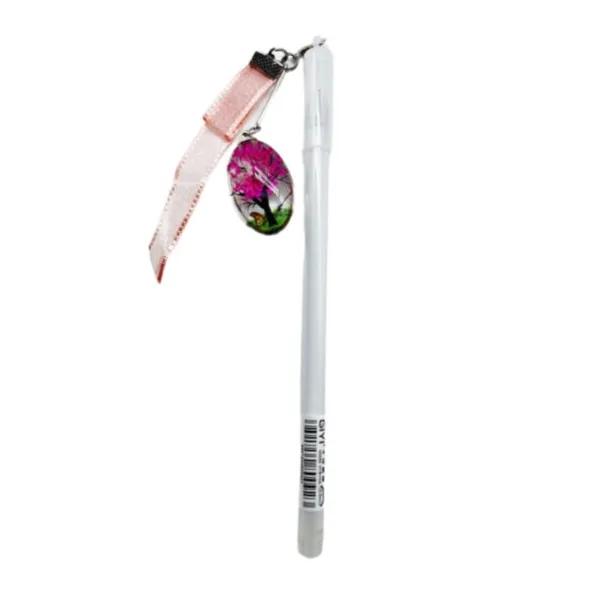 Blue 0.5mm Gel Pen With Oval Dry Flower Pendant in The Cap Set white Colour - 11747