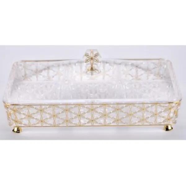 02-1079 Vague Clear & Gold Rectangular Acrylic Candy Box with legs and 6 bowls 40.2 x 27.2 cm Daisy Pattern