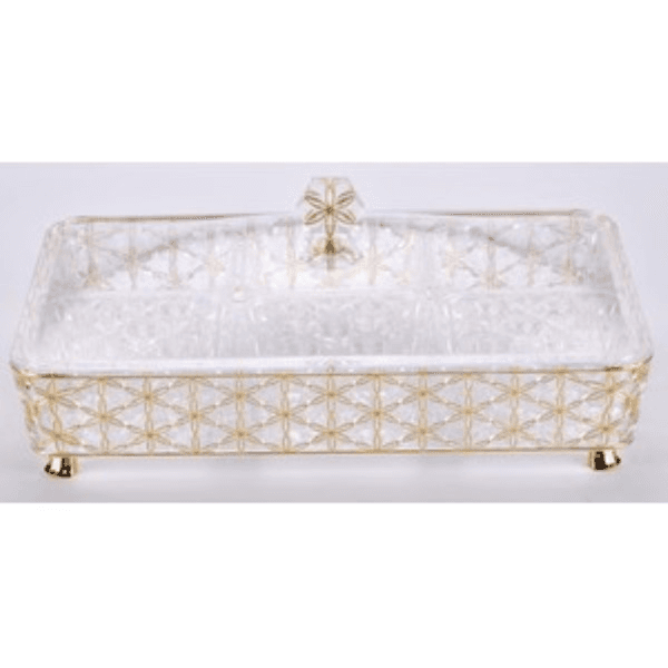 02-1079 Vague Clear & Gold Rectangular Acrylic Candy Box with legs and 6 bowls 40.2 x 27.2 cm Daisy Pattern