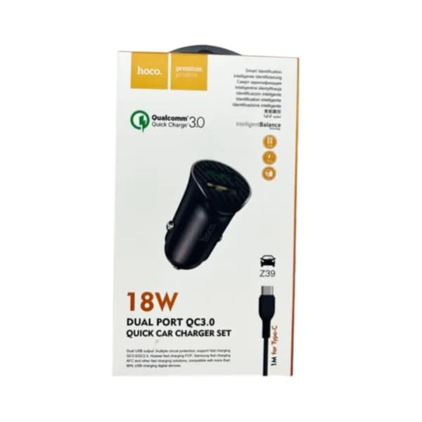 Hoco QC3.0 Dual port Quick car charger Set 18w with 1m cable Type-C - 11195