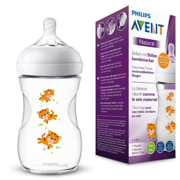 Avent Natural Plastic Nursing Bottle With Wide Breast-Shaped Teat For Natural Latch On Decorated With Tiger 1+ Months 260ml  Code:SCF070/20