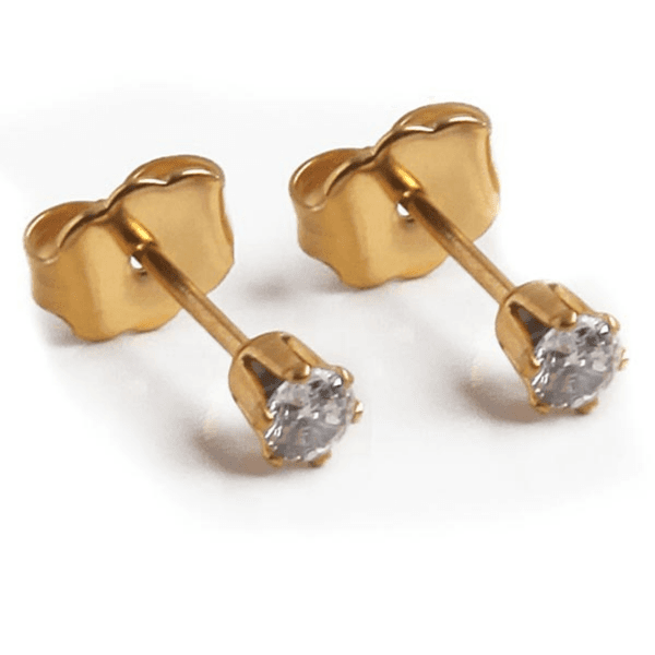 Cubic Zirconia Earrings | 3Mm Clear Round | 22K Gold Plated Stainless Steel Posts