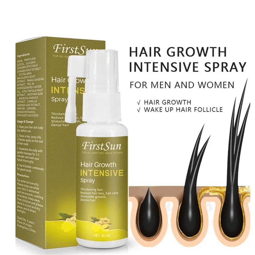 Firstsun Hair Growth Intensive Spray, Ginseng Ginger Extract Stimulate Hair Growth, Dense Thickening Hair, Anti Hair Loss Essence 30Ml