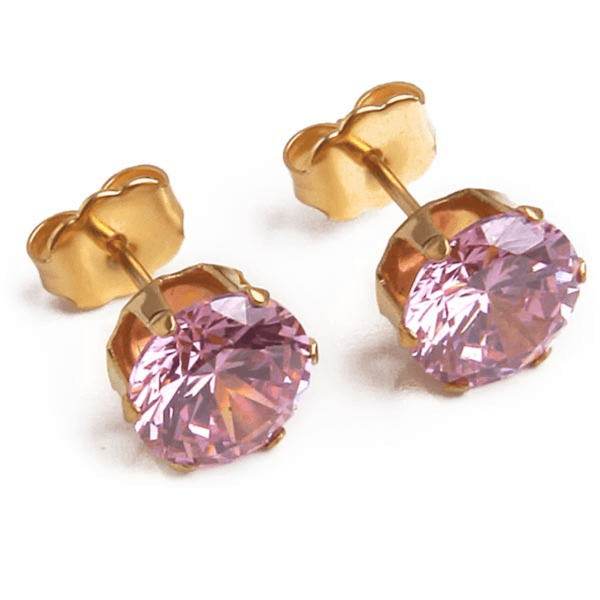 Cubic Zirconia Earrings | 8Mm Pink Round | 22K Gold Plated Stainless Steel Posts