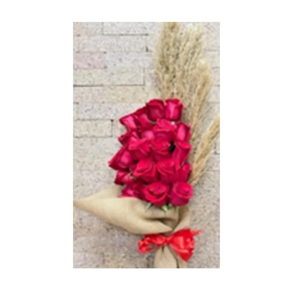 Hand Bouquet Of 25 Red Roses And Dry Pampass