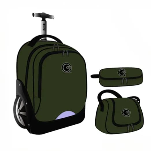 Q-Line School Trolley Bag With Lunch Bag & Pencil Case - 3 Pieces Set-Green (Tbql34_981)