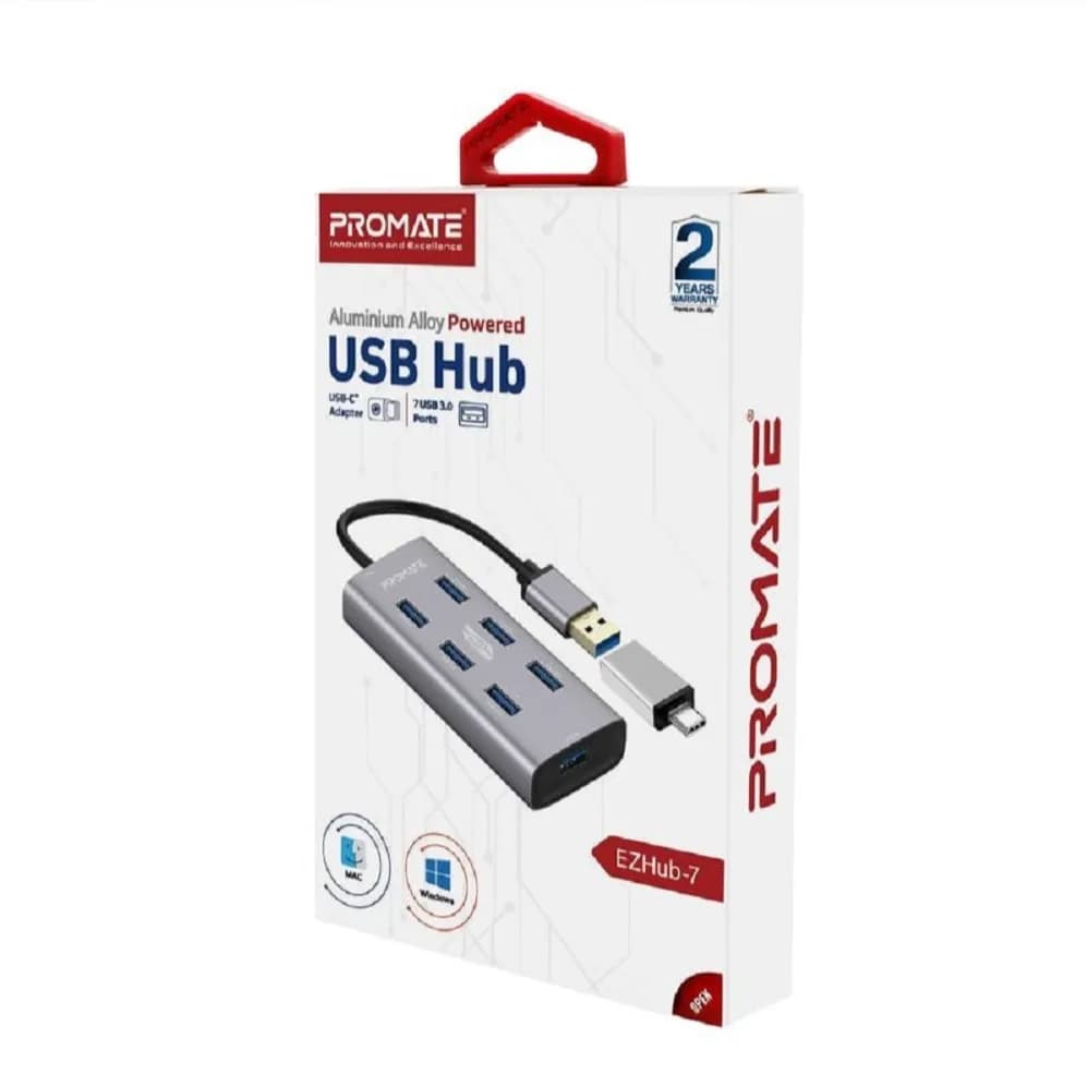 Promate 7 USB 3.0 Ports Aluminium Alloy USB Hub With Dual Input