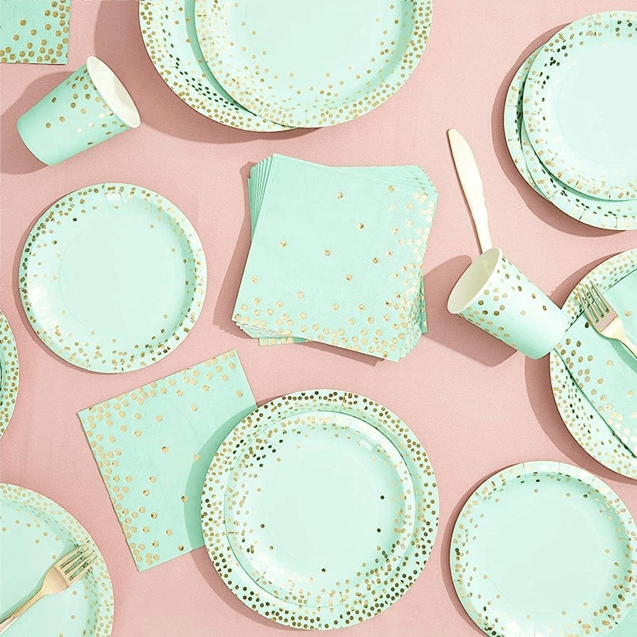 Golden Mint Green Dots Party Set