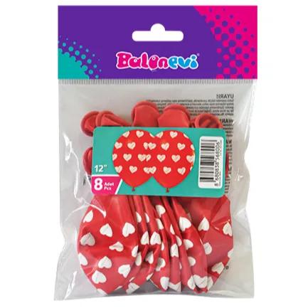 12" Standard Red Heart Print Balloon 8Pcs Per Pack