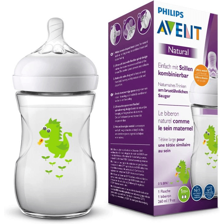 Avent Natural Plastic Nursing Bottle With Wide Breast-shaped Teat For Natural Latch On Decorated With Dragon  1+months 260ml  Code:scf070/24