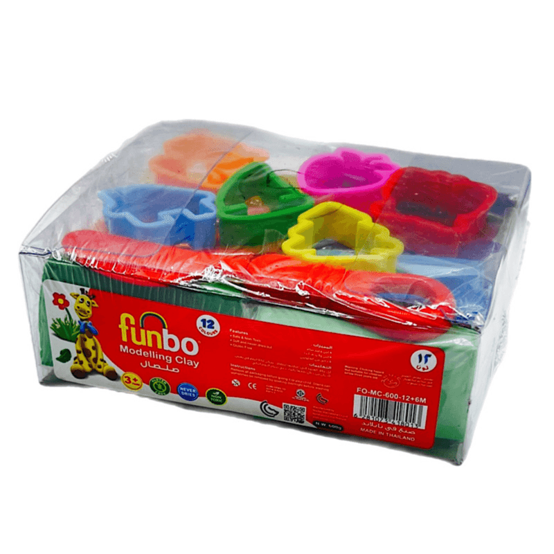 Funbo Modelling Clay Box,12 Pieces Different Colors Clay, 6 Pieces Moulds,1 Piece Plastic Knife - 9759