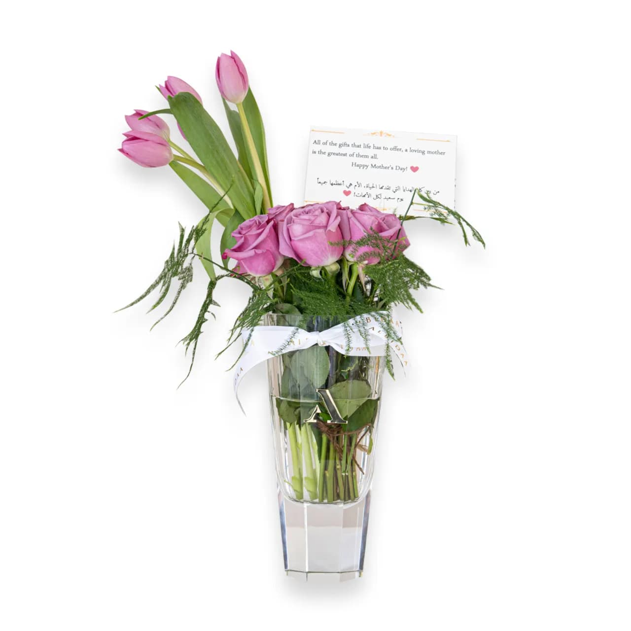 Fresh Tulips With Mix Flowers In Crystal Vase