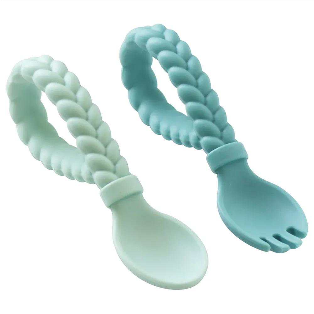 Silicone Baby Fork & Spoon Set - Mint