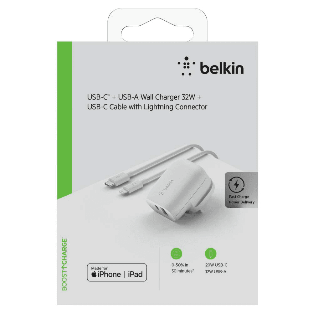 Belkin 32w USB-C PD + USB-A Wall Charger - White