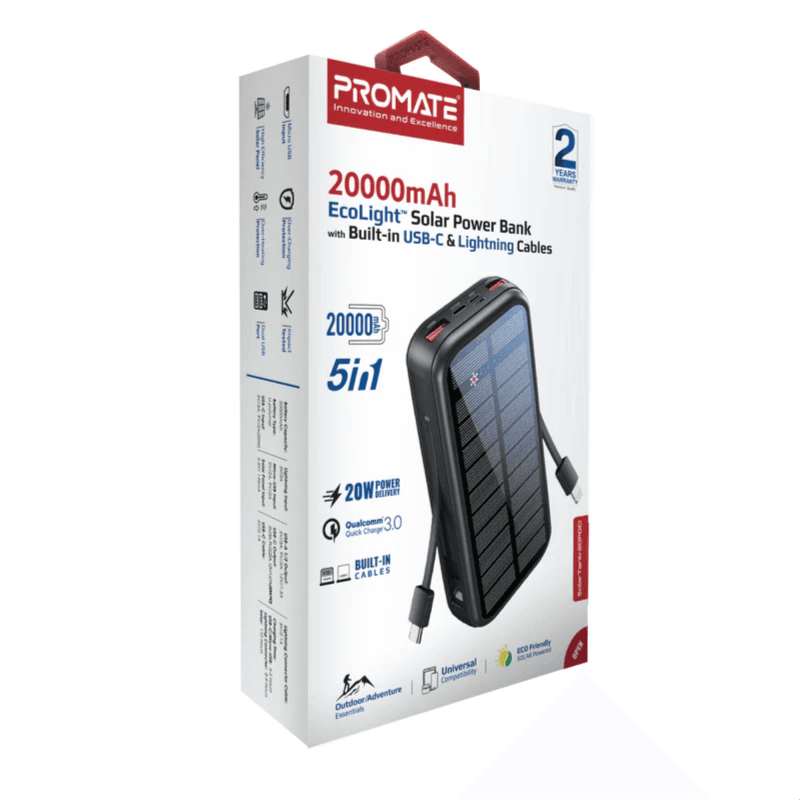 Promate 20000mAh EcoLight Solar Power Bank with Built-in USB-C & Lightning Cable