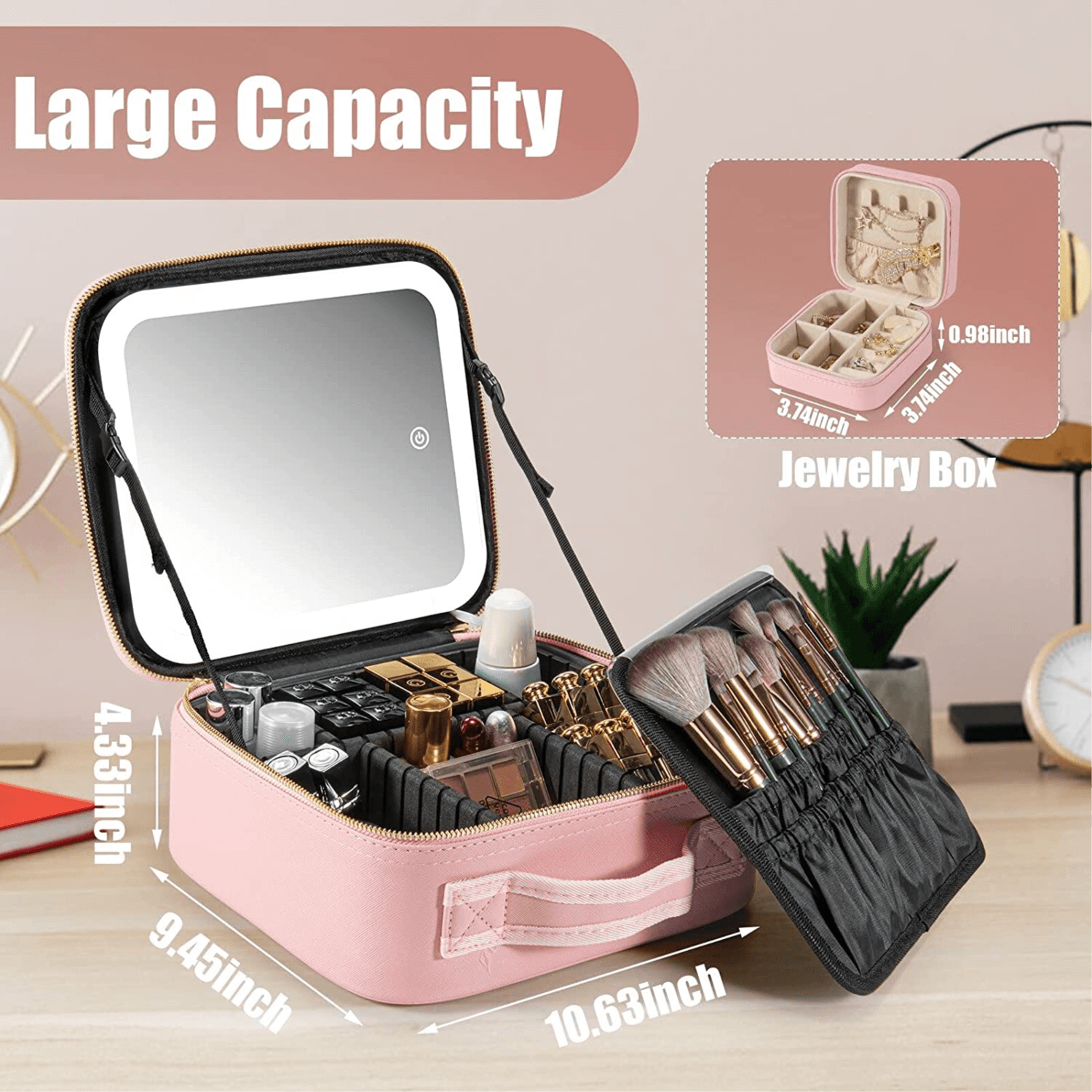 2023 New Large Capacity Desktop Cosmetic Storage Box Waterproof Leather Travel Portable Makeup Bag Case With LED Light Mirror Pink Color