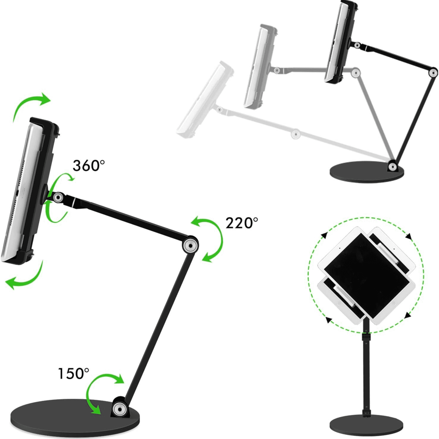 حامل حامل للكمبيوتر اللوحي ، يدور 360 درجة من المرونة ، الارتفاع والزاوية قابل للتعديل ، ذراع طويل من سبائك الألومنيوم عالي الجودة متوافق مع 4.5-13 الهاتف المحمول والكمبيوتر اللوحي ، iPhone ، iPad (أسود)