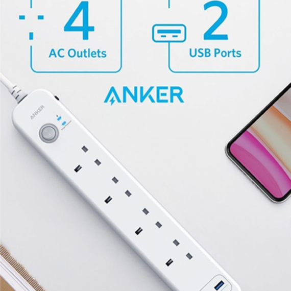 Anker Power Extend USB 4 Strip (6in-1 USB Power Strip) – White | A9141K21