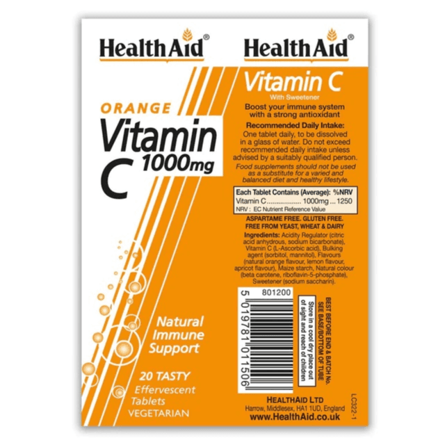 Health Aid Vitamin C 1000mg - Effervescent (Orange Flavour) Tablets 20's