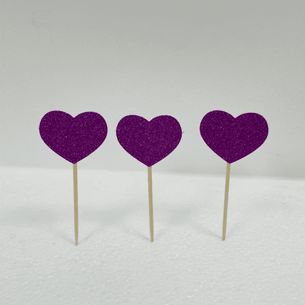 Handmade Heart Purle Glitter Cake Topper 12 Pieces