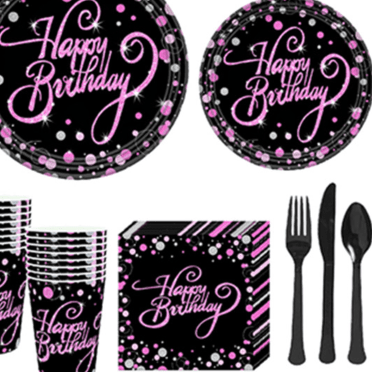 Purple Black Dots Happy Birthday Party Set