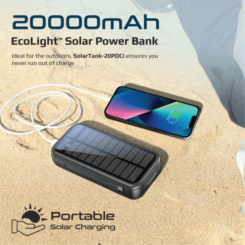 Promate 20000mAh EcoLight Solar Power Bank with Built-in USB-C & Lightning Cable