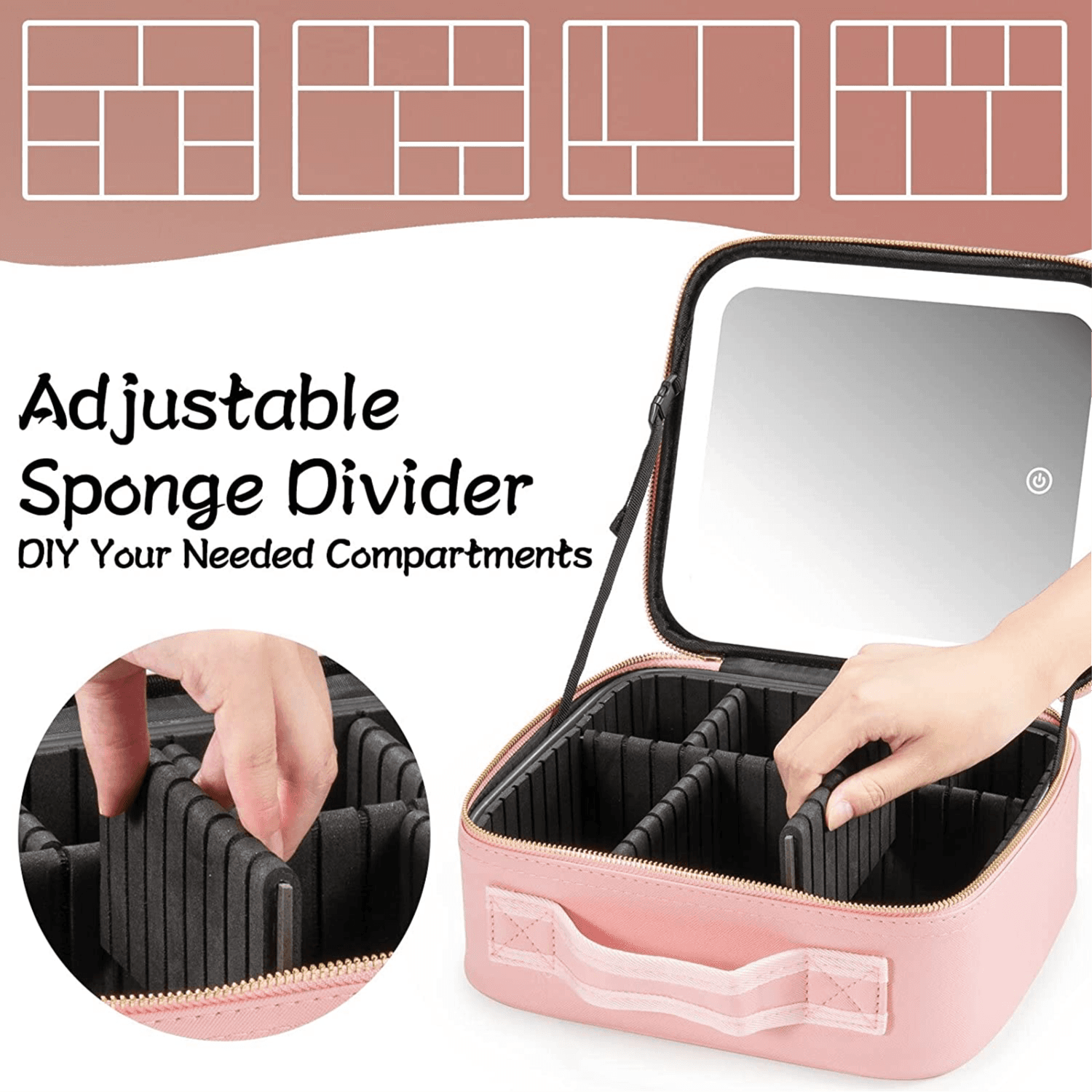 2023 New Large Capacity Desktop Cosmetic Storage Box Waterproof Leather Travel Portable Makeup Bag Case With Led Light Mirror Pink Color