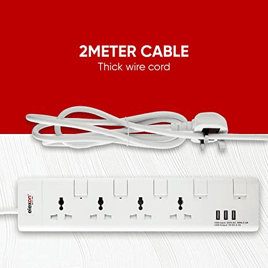 Elexon 903S Extension Cord With 4 Power Sockets, 2 Meter And 3 Usb Slots| Universal