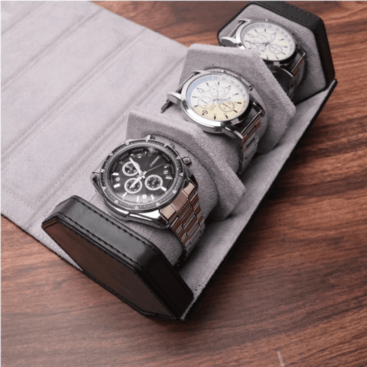 Travel Watch Roll Case 3 Slots Hexagonal Black Color