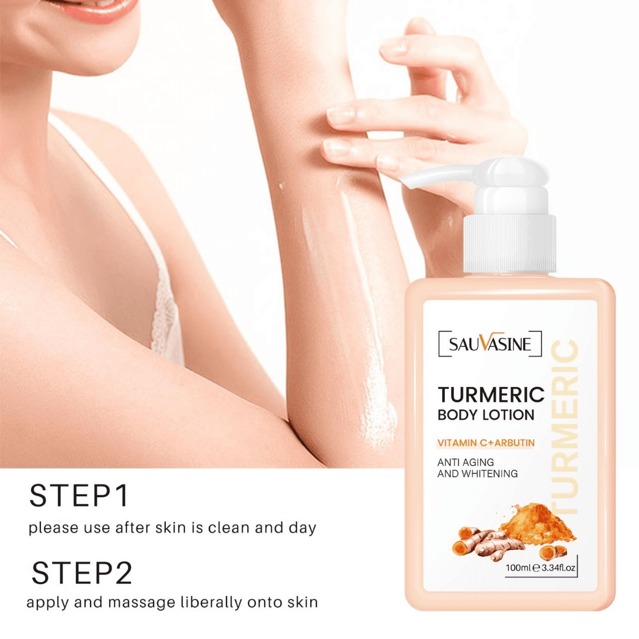 Sauvasine Turmeric Body Lotion - Body Whitening Cream Anti Aging Body Lotion Long Lasting Moisturizing Smooth Skin Lightening For Dark Skin 100Ml