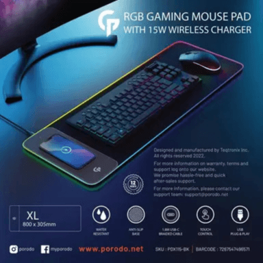 Porodo Gaming RGB Gaming Mouse Pad With 15W Fast Wireless Charger