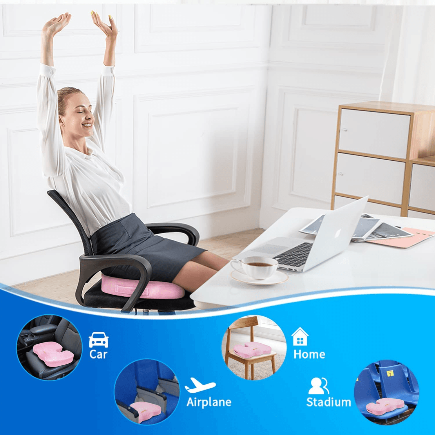 For Office Chair - Memory Foam Chair Pad - Tailbone, Sciatica, Lower Back Pain Relief - Lifting Cushion For Car, Wheelchair, School Chair Pink Color