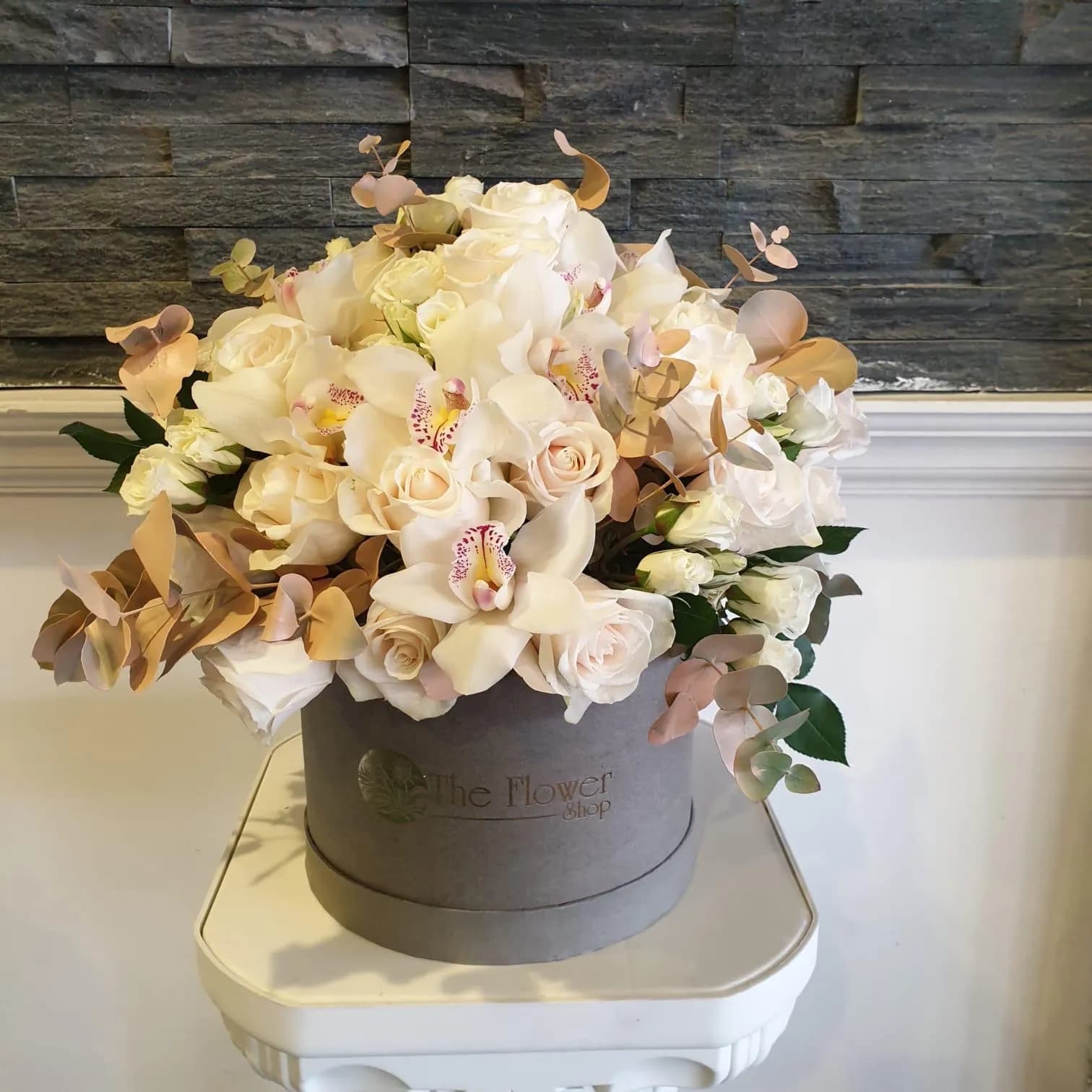 Grey Round Box With White And Gold Flowers