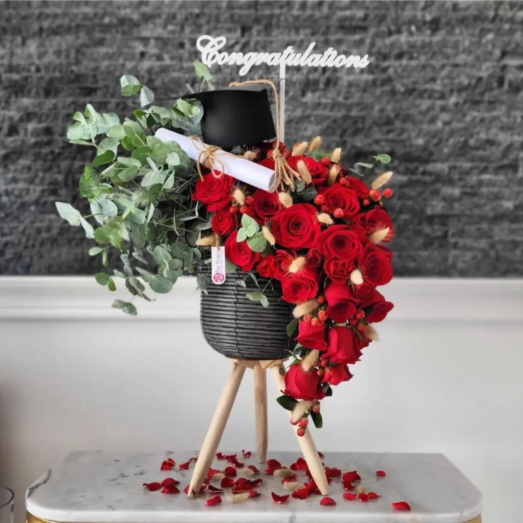 Basket Stand With Red Roses And Leaves