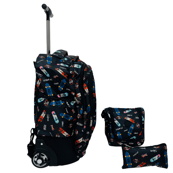 IKola School Trolley Backpack Set Skate Board Theme Small Wheels, 3Pcs Set