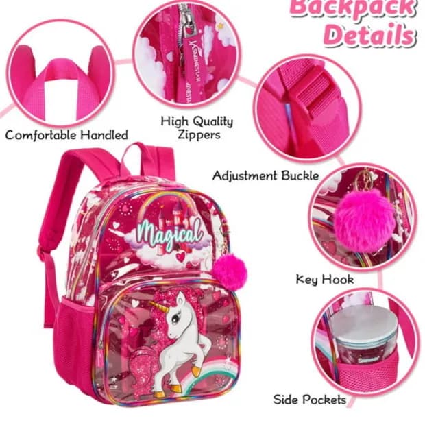 Unicorn Clear Backpack With Lunchbag & Pencil Case For Girls - 3pcs (BPJS01_PK)