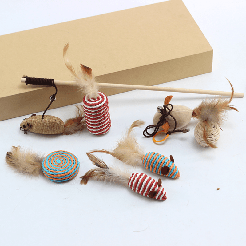 Cat Toy Gift Box, Feather Bell, Stick, Linen, For Chewing Mouse Teeth, Catnip Filled With Catnip