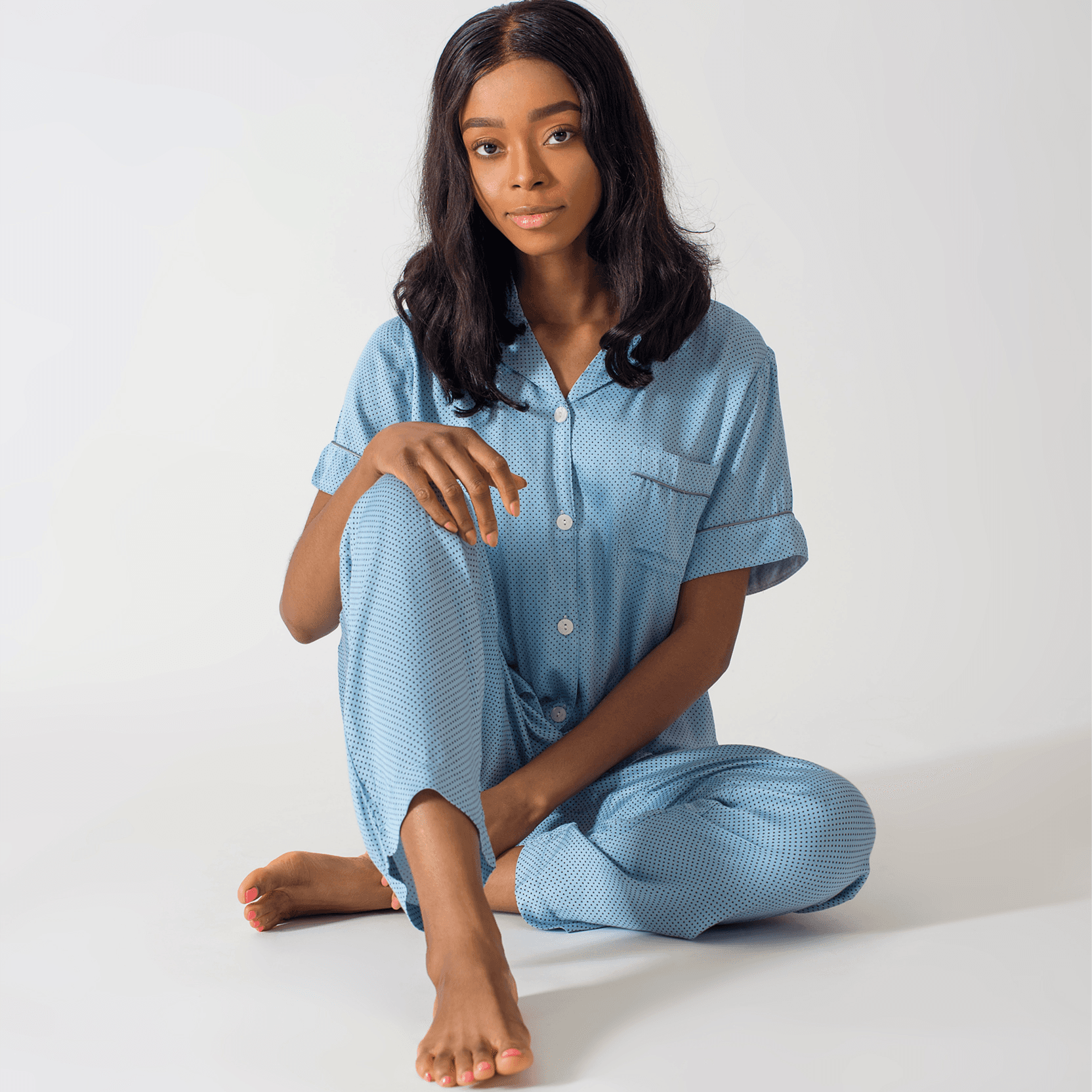 Homely Half Sleeves And Trousers With Soft Dotted Blue Floral Print Pyjama Set