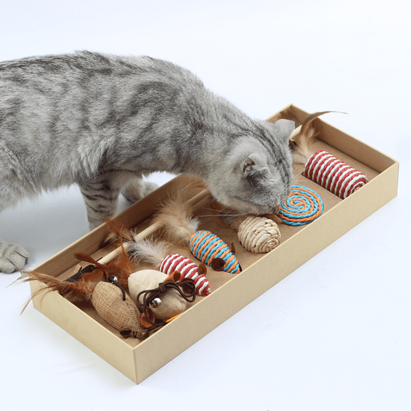 Cat Toy Gift Box, Feather Bell, Stick, Linen, For Chewing Mouse Teeth, Catnip Filled With Catnip