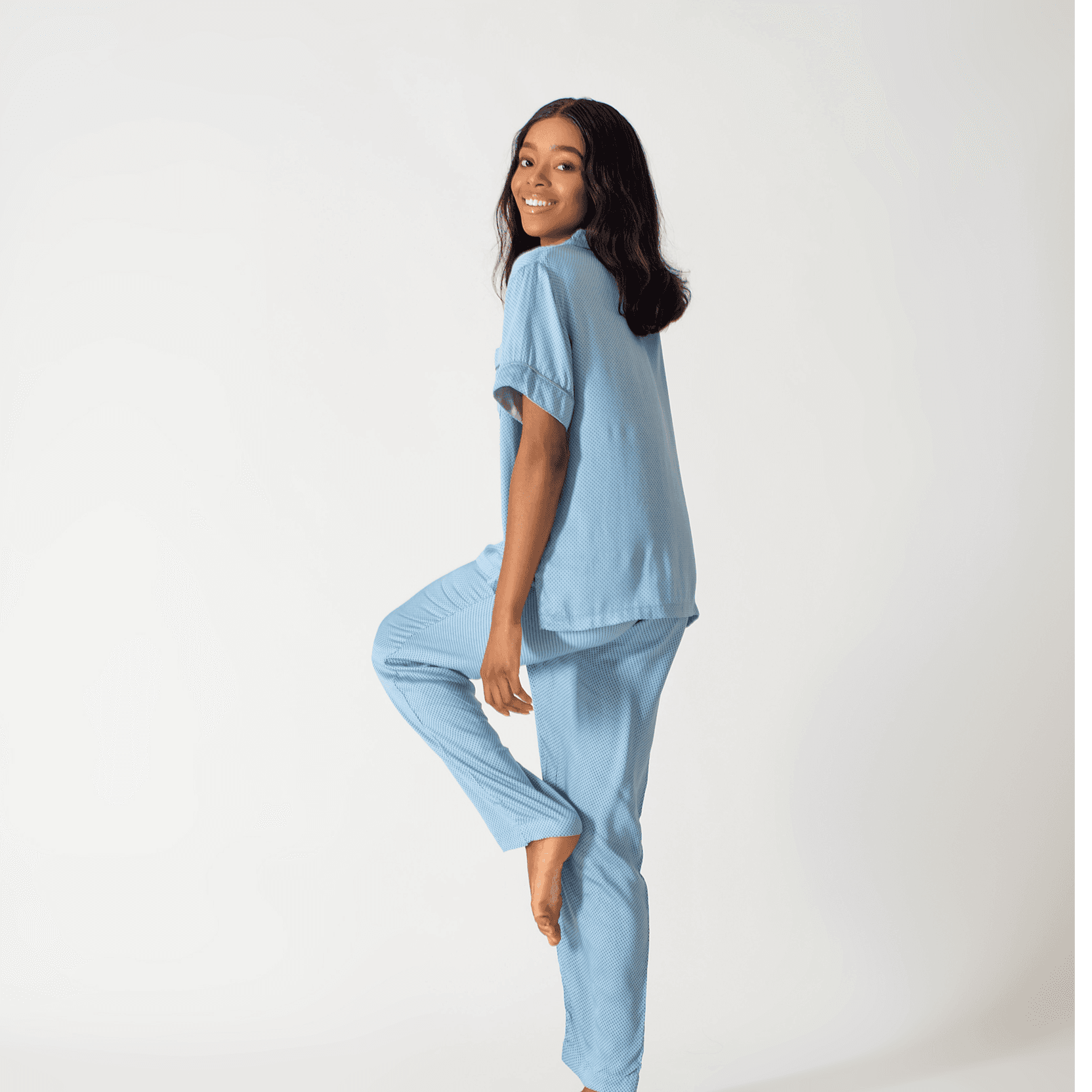 Homely Half Sleeves And Trousers With Soft Dotted Blue Floral Print Pyjama Set