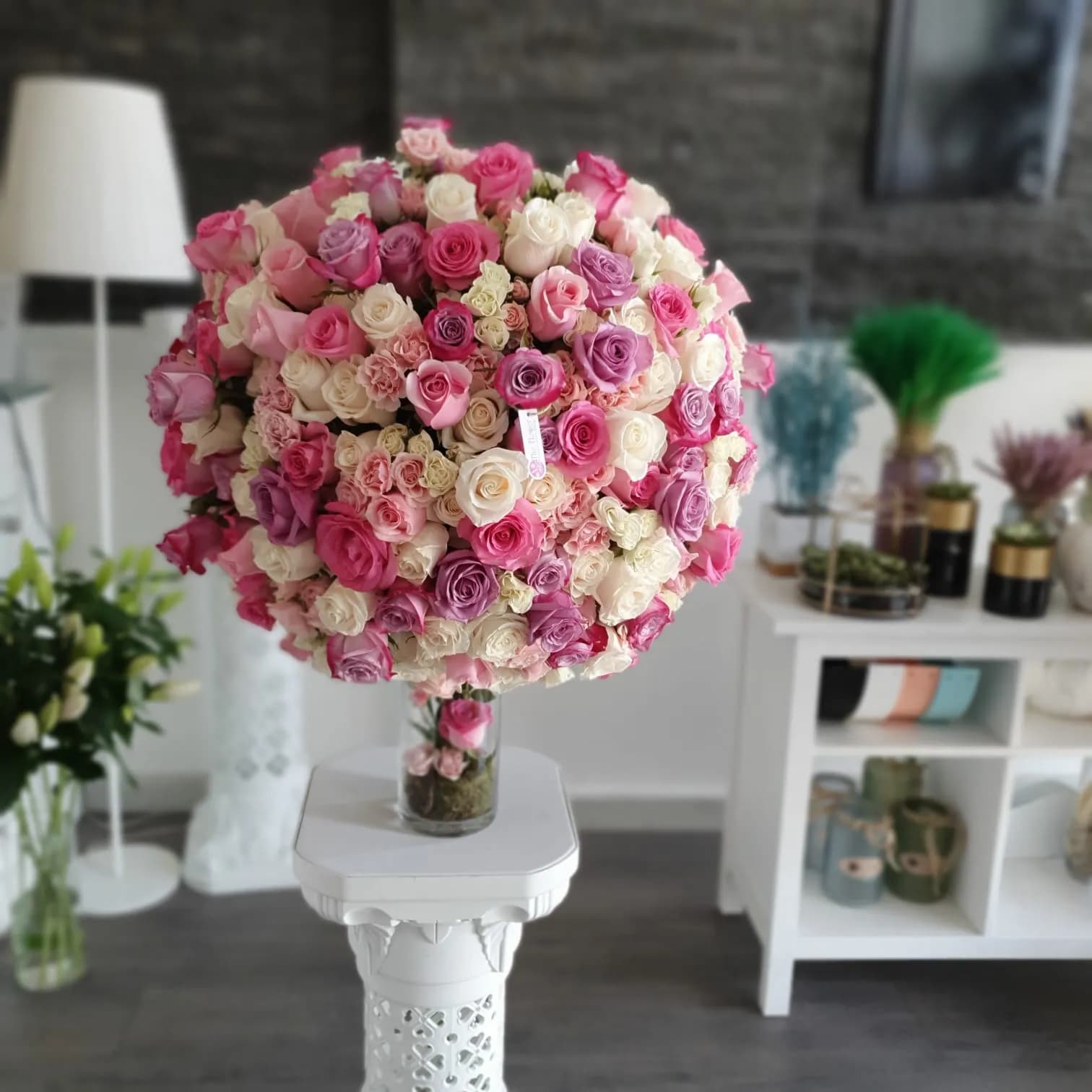 Glass Vase With White And Purple Flowers